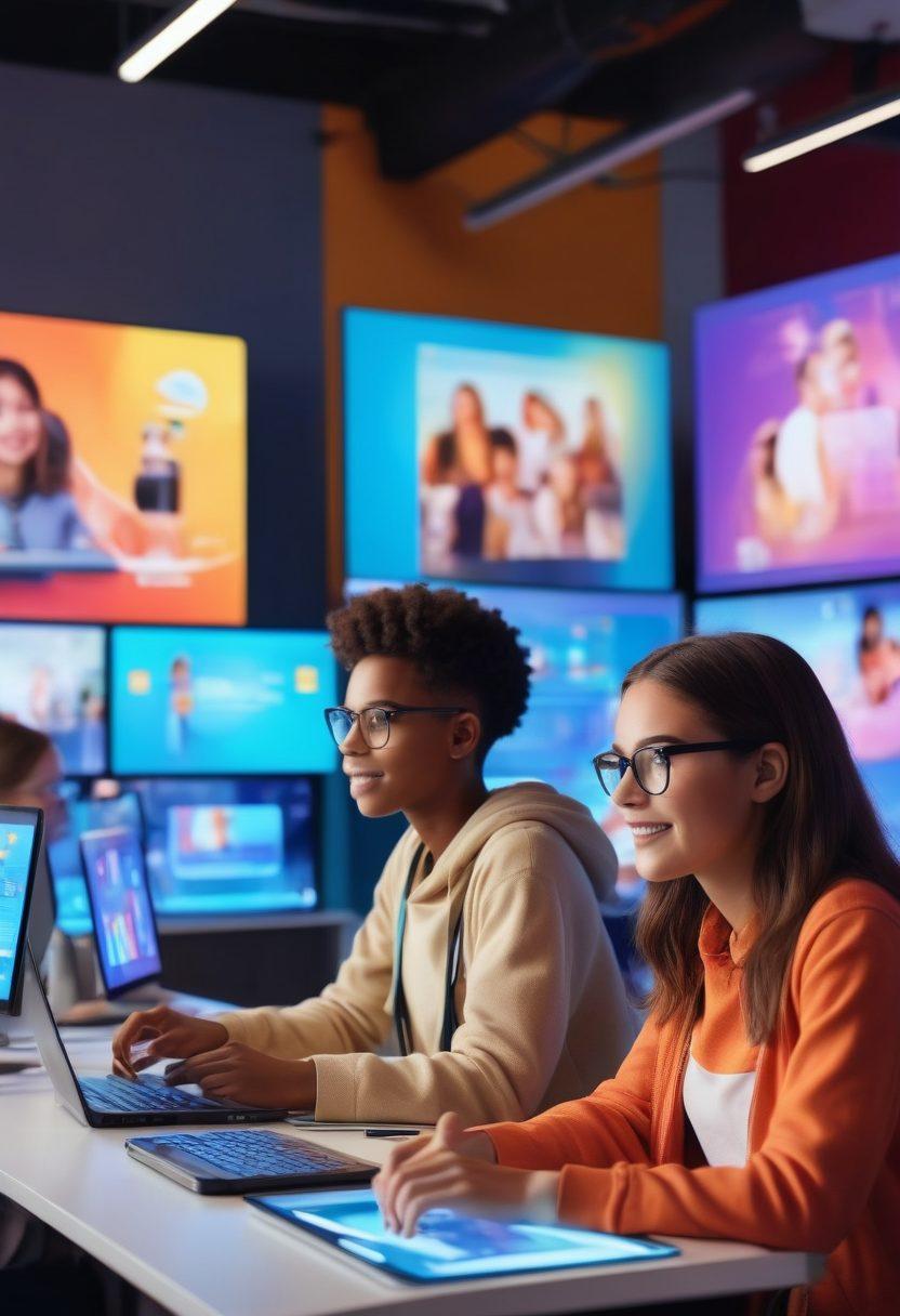 A confident, diverse group of students engaged in an interactive e-learning environment, surrounded by colorful digital screens displaying various educational content. Each learner is using unique devices and showing enthusiasm, symbolizing personal growth and empowerment. Bright, uplifting atmosphere with elements of creativity, technology, and collaboration. super-realistic. vibrant colors. modern style.