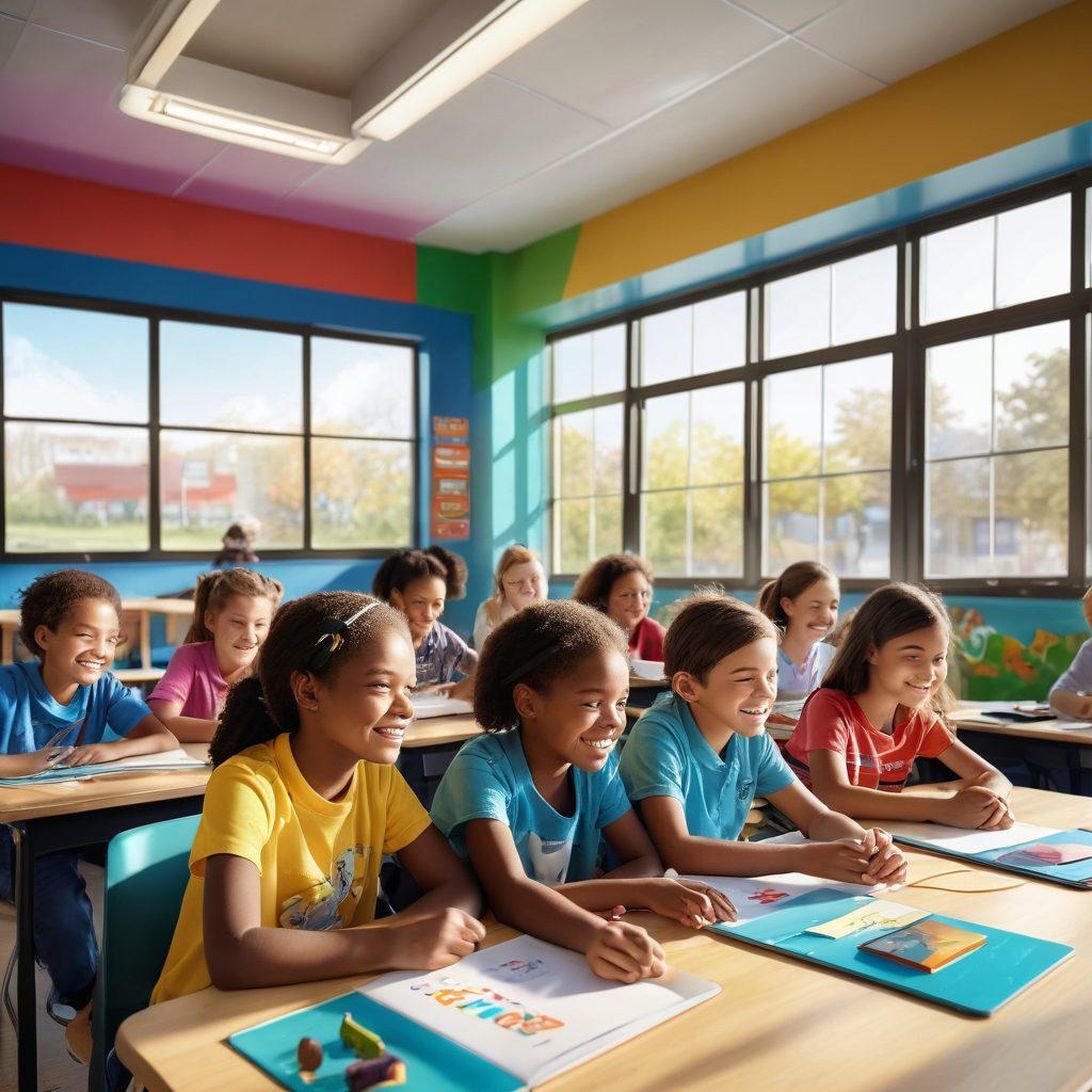 A vibrant classroom filled with diverse students engaging with interactive digital devices, surrounded by colorful educational materials, laughter, and collaboration, illustrating the concept of joyful learning. Bright sunlight streams through large windows, creating an inviting atmosphere. In the background, a digital board showcases animated lessons. super-realistic. vibrant colors. 3D.