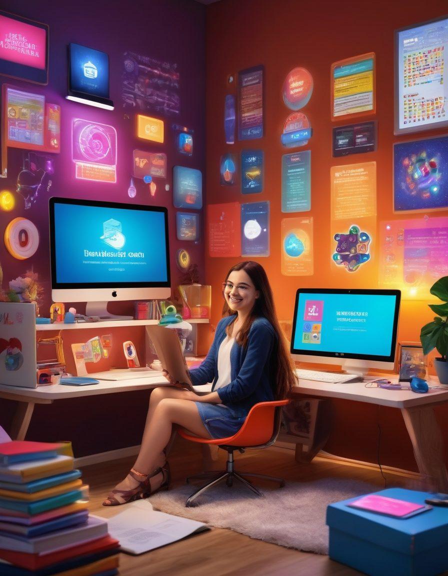 A joyful learner sitting at a modern digital workspace, surrounded by colorful gadgets and educational tools, with a glowing screen displaying achievement badges and uplifting learning quotes. The atmosphere should radiate positivity and creativity, emphasizing technology's role in education. Incorporate playful elements like books and art supplies scattered around. vibrant colors. super-realistic.